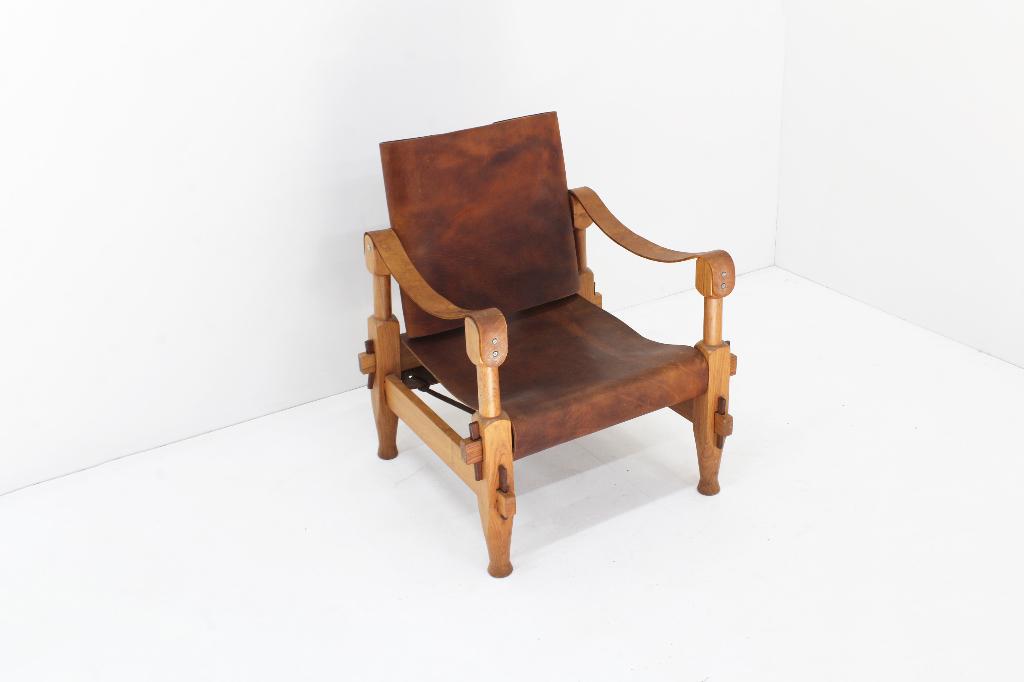 Fauteuil safari vintage en cuir brutaliste des années 1960, Moins de 75 cm, Enlèvement ou Envoi, Comme neuf, 50 à 75 cm