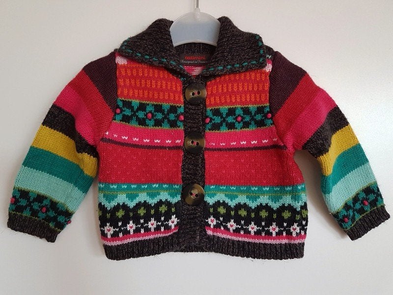 CATIMINI - Gilet jacquard rose/brun/vert - T.12 mois/74cm, Garçon ou Fille, Enlèvement ou Envoi, Utilisé, Pull ou Veste