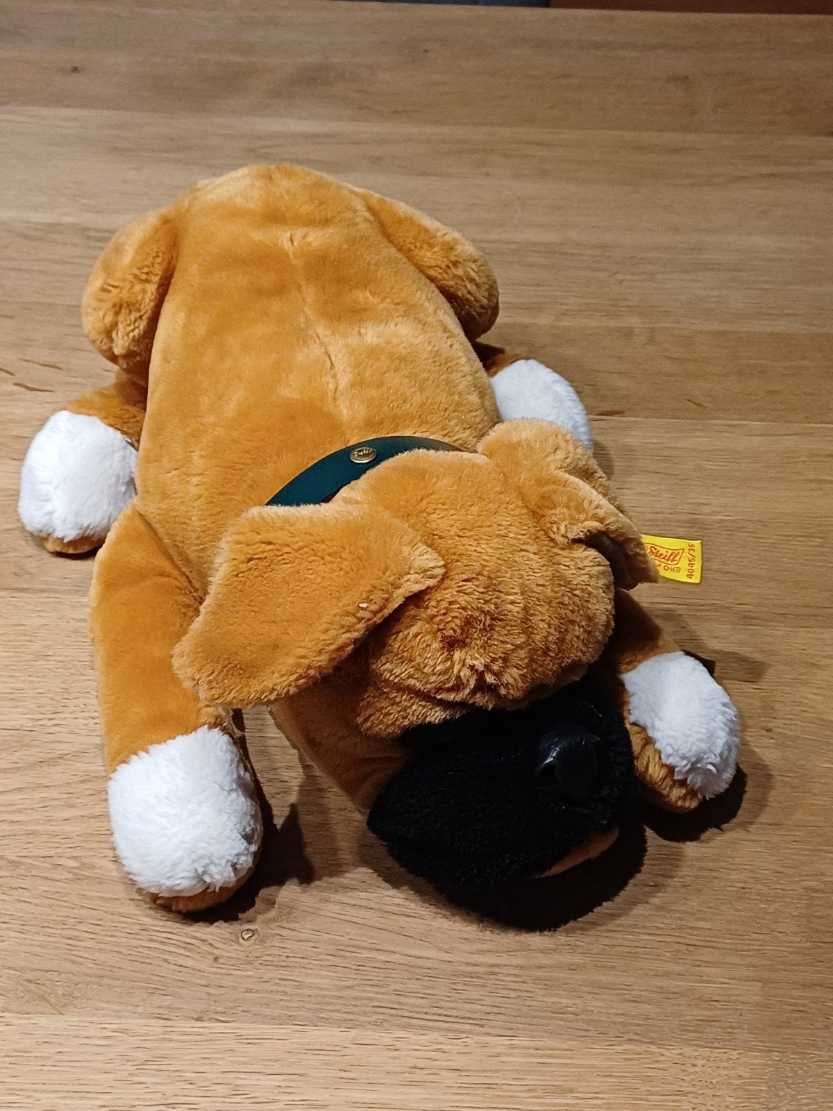 Hond bulldog/boxer van Steiff met knopje en vaantje, Ophalen of Verzenden