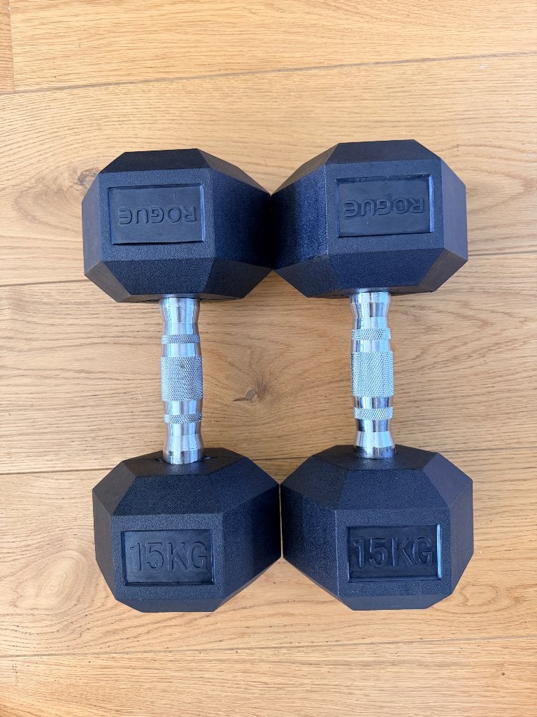 Twee halters Rogue 15 kg, Sport en Fitness, Fitnessmaterialen, Ophalen, Zo goed als nieuw, Armen, Halterset