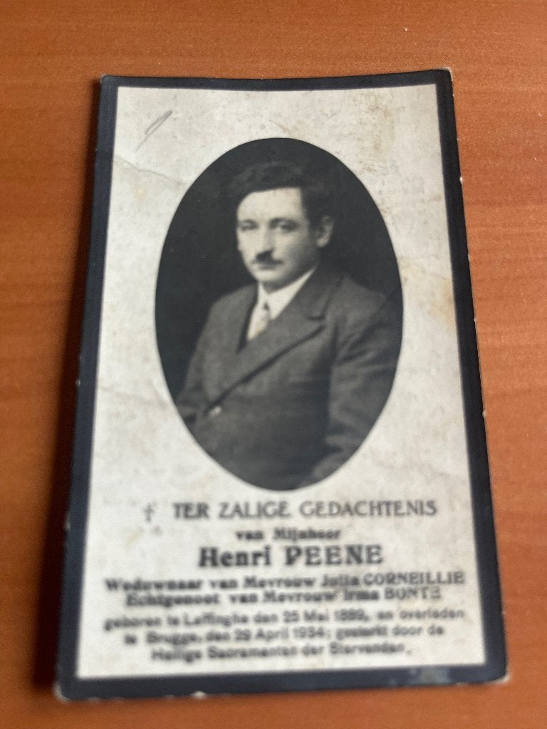 Rouwkaart H. Peene  Leffinghe 1889 + Brigge 1934, Verzamelen, Bidprentjes en Rouwkaarten, Verzenden, Rouwkaart
