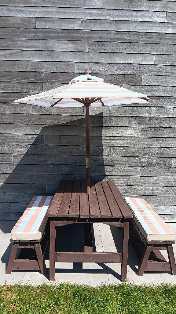 Kinder picknicktafel met kussens en parasol, Gebruikt, Rechthoekig, Hout, Ophalen
