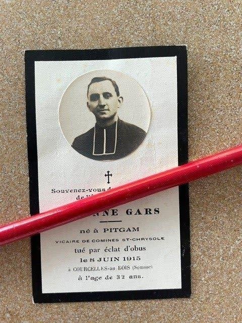 14-18 Aalmoezenier GARS door Duitse Obusontploffing 8/6/1915, Verzamelen, Bidprentjes en Rouwkaarten, Ophalen of Verzenden, Bidprentje