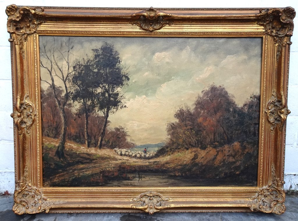 H. SMIDTS GROOT SHILDERIJ SCHAPENHOEDERS OLIE DOEK KUNST, Antiek en Kunst, Ophalen, Doek, Impressionistisch, Olieverf