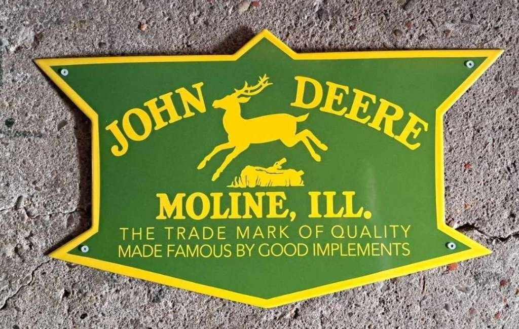 John Deere mooi zwaar emaillen reclame decoratie bord garage, Verzamelen, Ophalen of Verzenden, Zo goed als nieuw, Reclamebord