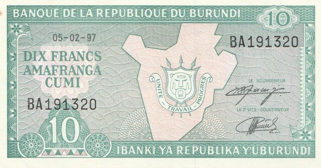 Banque de la Republique du Burundi 10 francs 05.02.1997 unc, Ophalen of Verzenden, Burundi, Los biljet