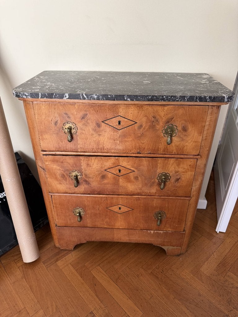 Biedermeier dressoir in fruithout en zwart marmer, Ophalen, Overige materialen, Gebruikt, 50 tot 100 cm
