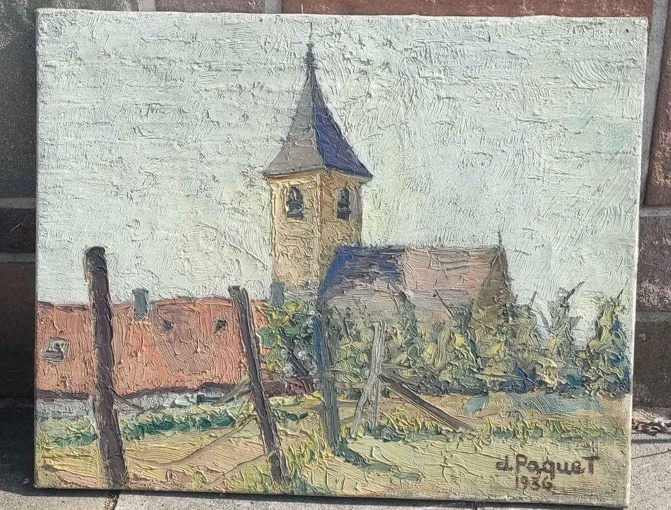 Huile sur toile église signe Jeanne paquet 1936, Antiquités & Art, Enlèvement ou Envoi