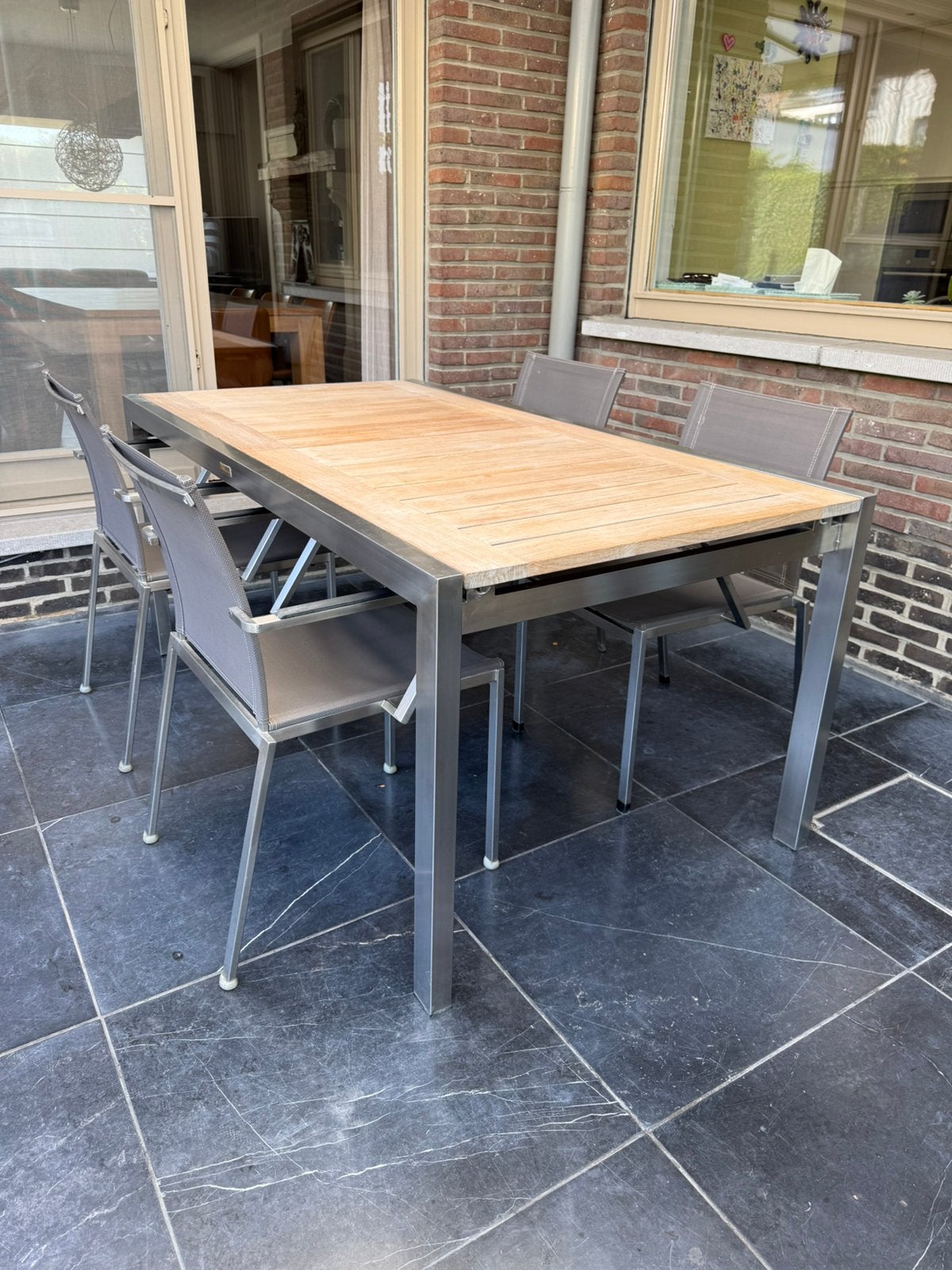 Tuintafel + 6 stoelen van Jati & Kebon, Tuin en Terras, Ophalen, Inox, 6 zitplaatsen, Zo goed als nieuw