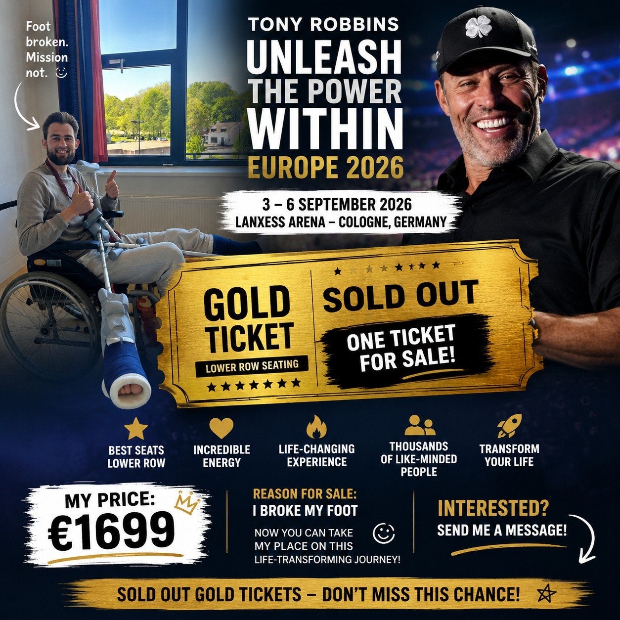 Tony Robbins UPW Keulen DE 3-6 sept 2026 – 1x Gold Ticket, Eén persoon, September, Overige typen