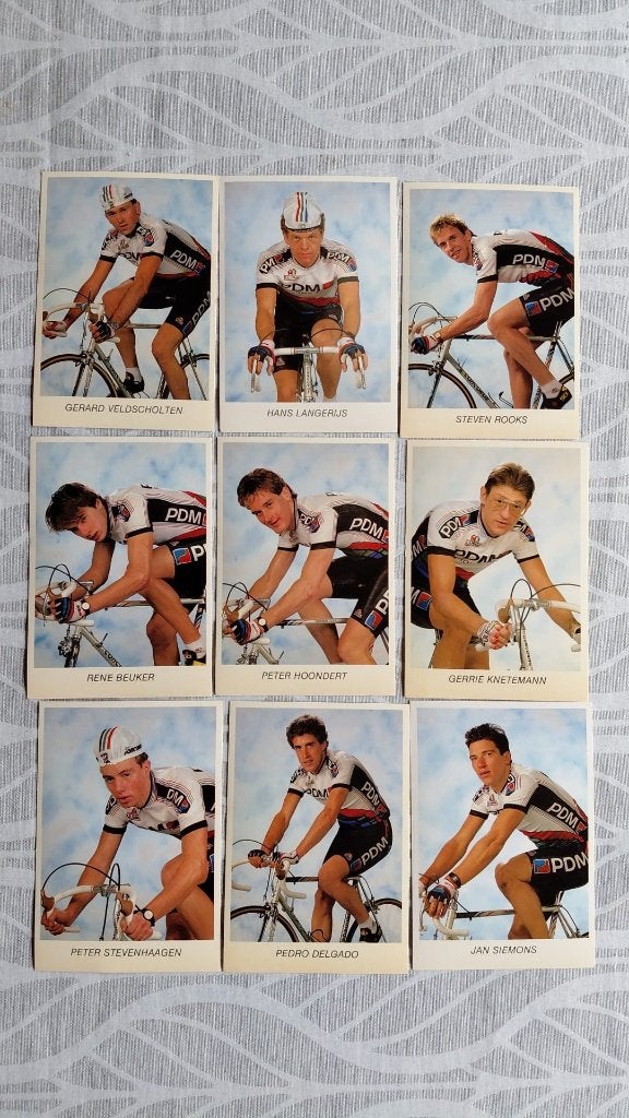 9 wielrenners publiciteitskaarten PDM 1986, Verzamelen, Foto's en Prenten, 1980 tot heden, Foto, Ophalen of Verzenden, Zo goed als nieuw