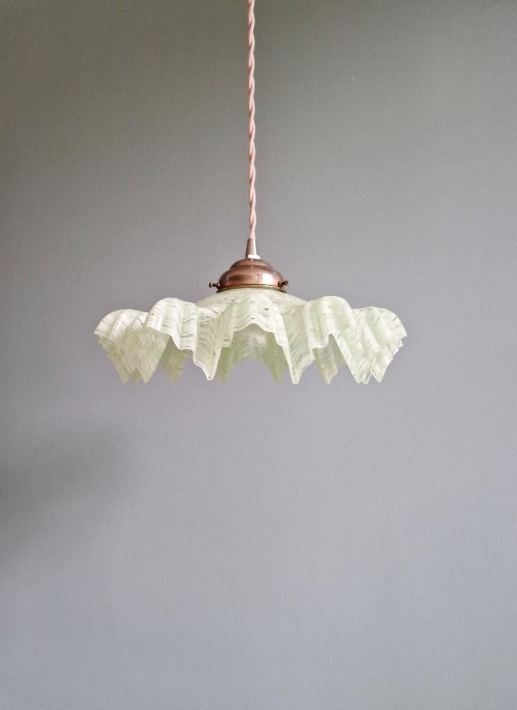Suspension Art Déco en verre plissé moucheté vert et blanc, Enlèvement ou Envoi