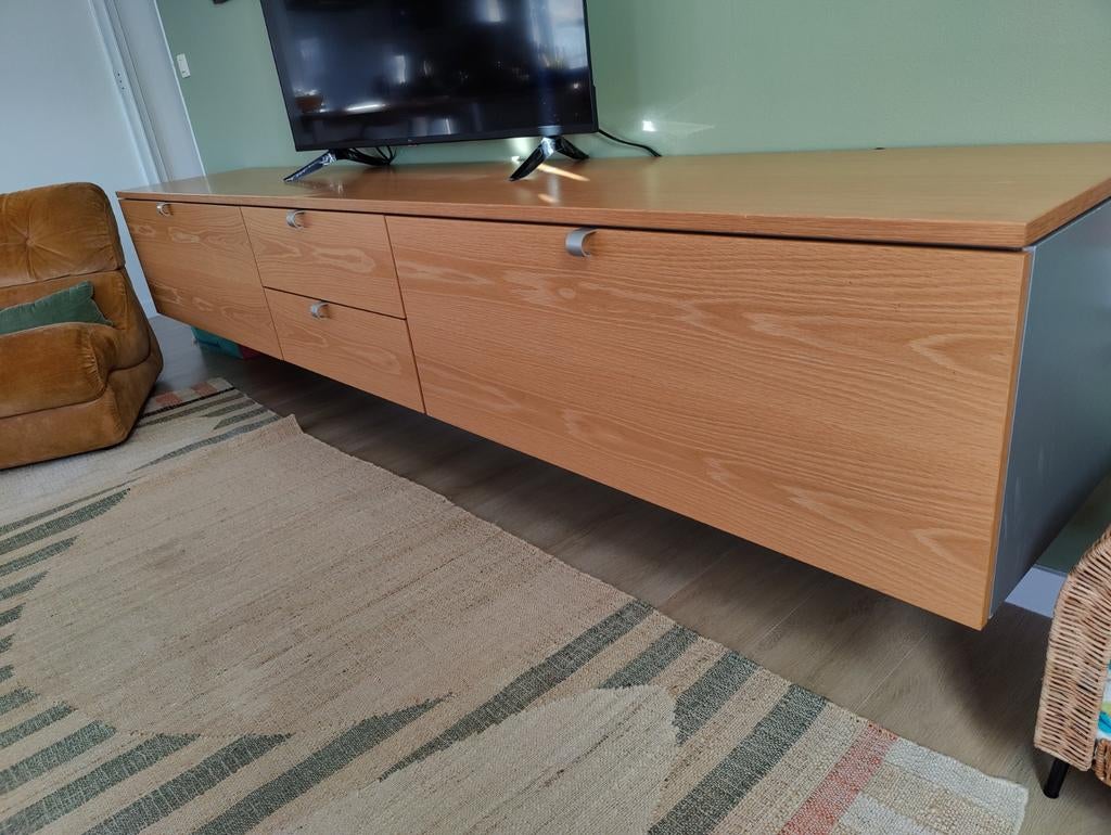 Interlübke | TV Meubel | Designer | Hangend | Hout en ijzer, Huis en Inrichting, Gebruikt, Teakhout, 200 cm of meer, Minder dan 100 cm