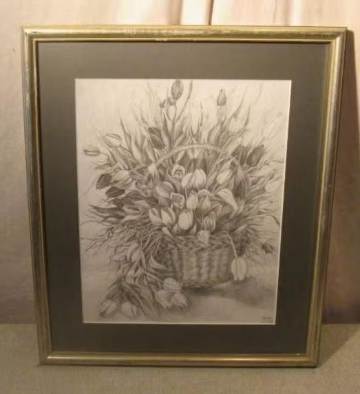 Beau dessin « Panier avec tulipes » - Kasia Poland, Antiquités & Art, Enlèvement ou Envoi, Dessin, Fait main