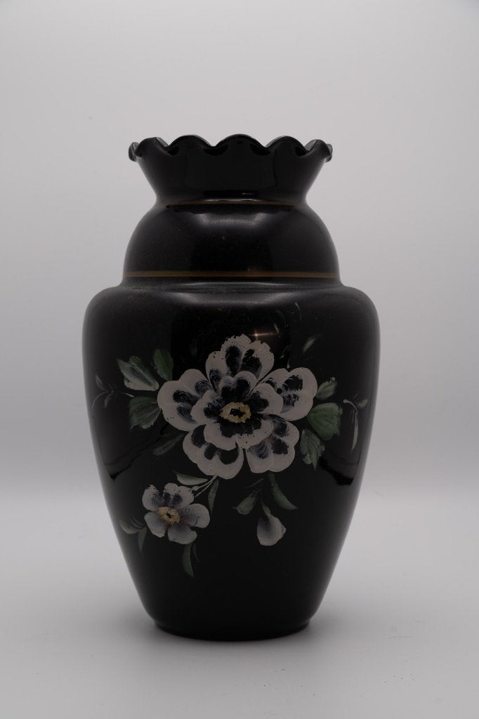 Zwarte vaas met handgeschilderd Bloemmotief, Ophalen, Zwart, 35 cm, Zo goed als nieuw