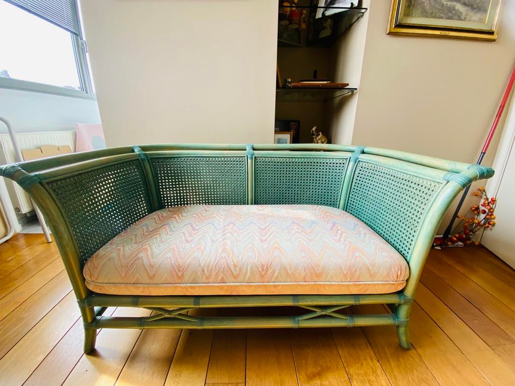 Fauteuil en rotin patiné vert, Vintage, Enlèvement, Utilisé, Deux personnes