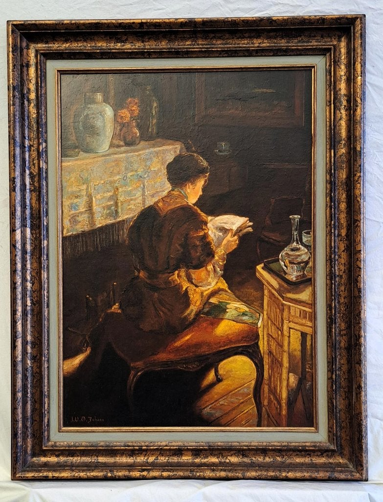 Peinture de W.O. Johann Reading lady, Portrait ou Personnes, Enlèvement ou Envoi, Signé, Peinture à l'huile