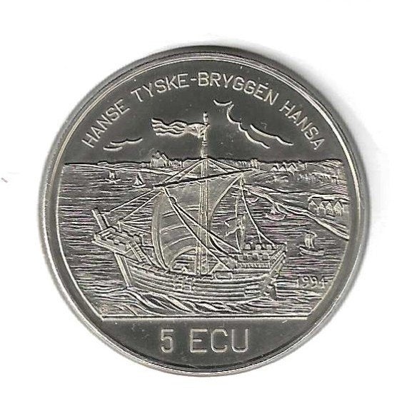 Noorwegen, 5 Ecu 1994, 925 Years of Bergen Brygge., Postzegels en Munten, Ophalen of Verzenden, Overige landen, Losse munt