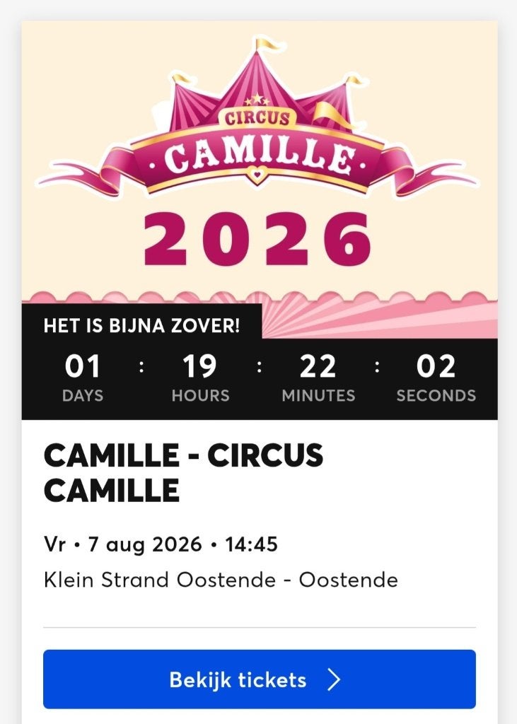 2 tickets Circus Camille op 07/08/2026 om 14.45h., Tickets & Billets, Deux personnes, Août