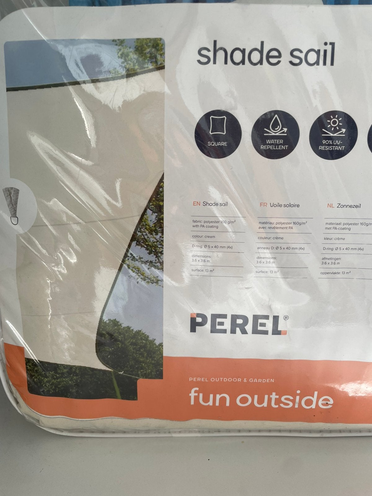 Schaduwdoek Perel 3,6 op 3,6, Enlèvement, Comme neuf
