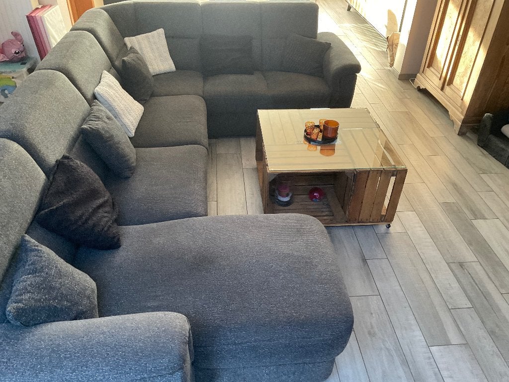 U/L salon in stof+salontafel, Huis en Inrichting, Ophalen, Gebruikt, Overige maten, Hoekbank
