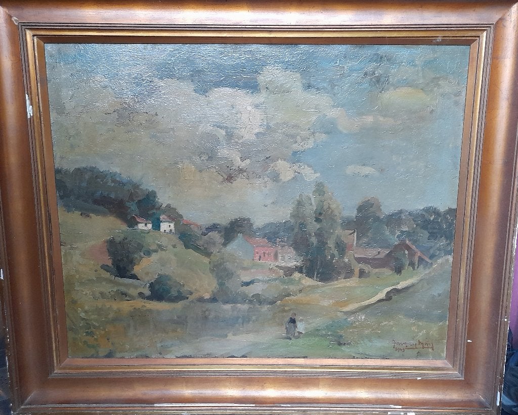 Peinture, O/d, paysage, Jacques Maes, 1943, Antiquités & Art, Art | Peinture | Classique, Peinture à l'huile, Paysage, Enlèvement