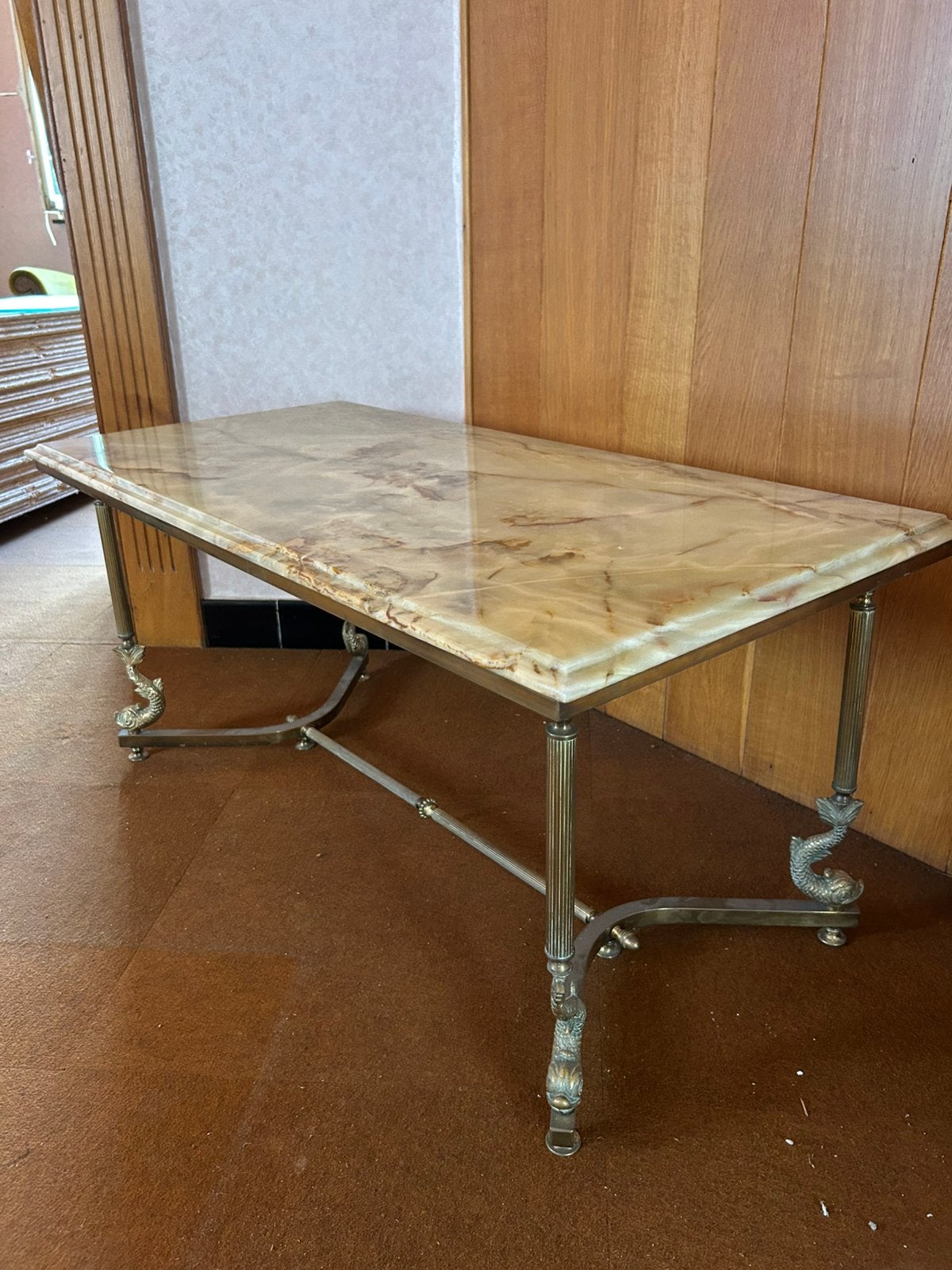 Vintage onyx/natuurstenen salontafel met sierlijk onderstel, Ophalen of Verzenden, Zo goed als nieuw