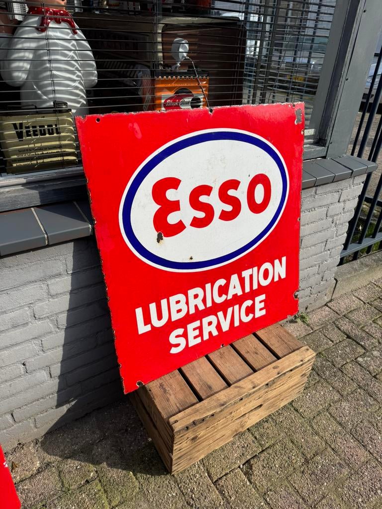 Panneau d'affichage double face en émail Esso 1937 !, Enlèvement, Utilisé, Panneau publicitaire