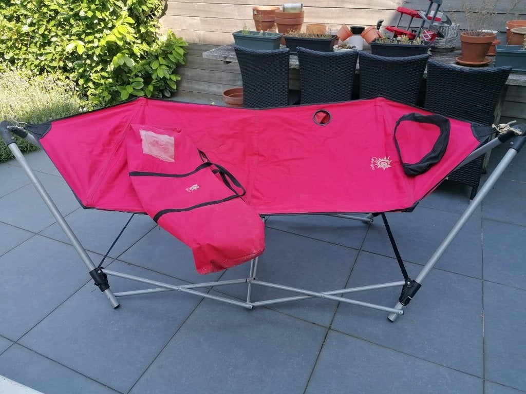 Rode Open Space hangmat – Ideaal voor tuin of terras, Tuin en Terras, Hangmatten, Ophalen, Gebruikt, Eenpersoons, Opvouwbaar