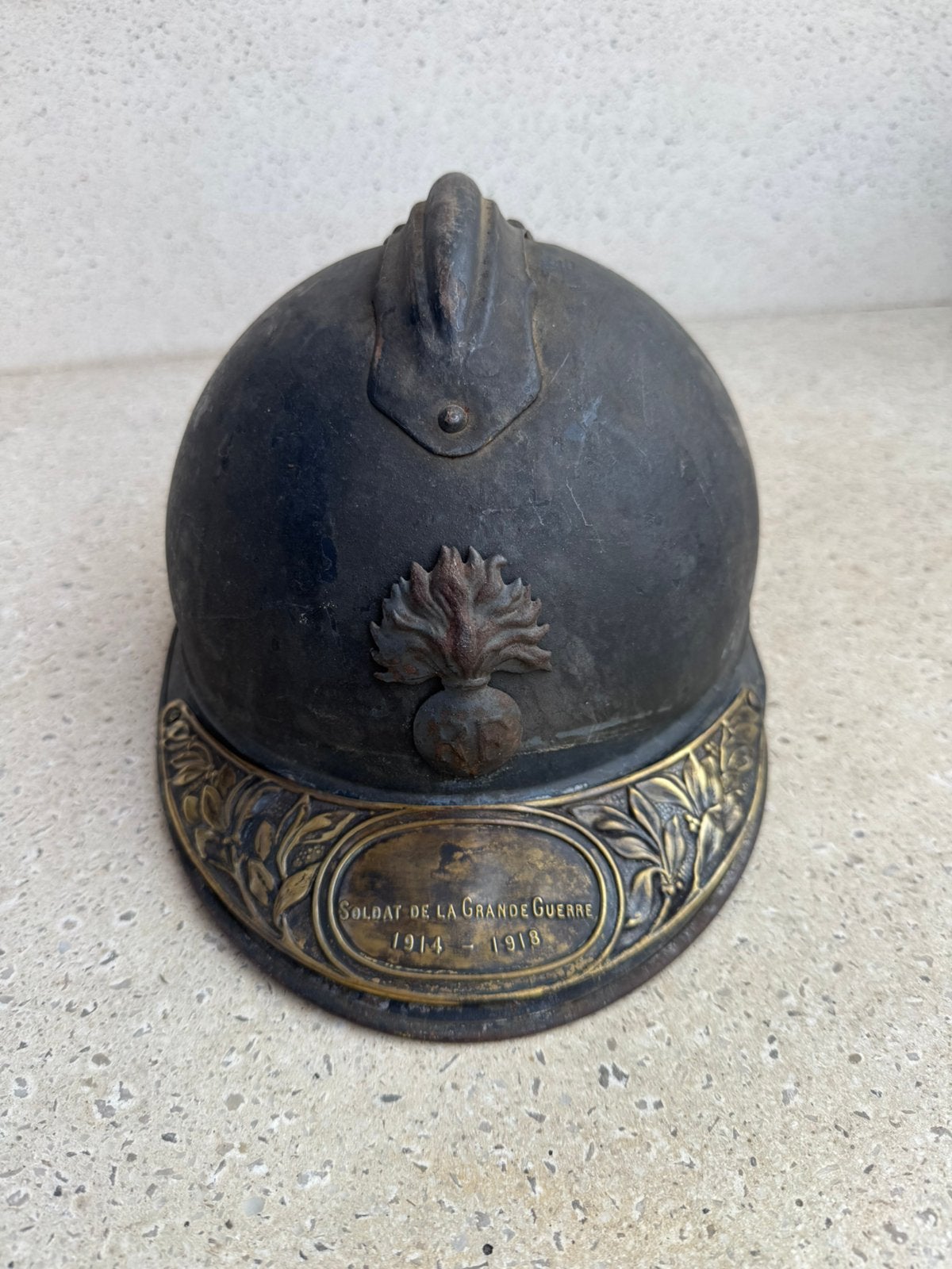 Wo1 Franse infanterie helm met plaat en kinriem, Ophalen of Verzenden