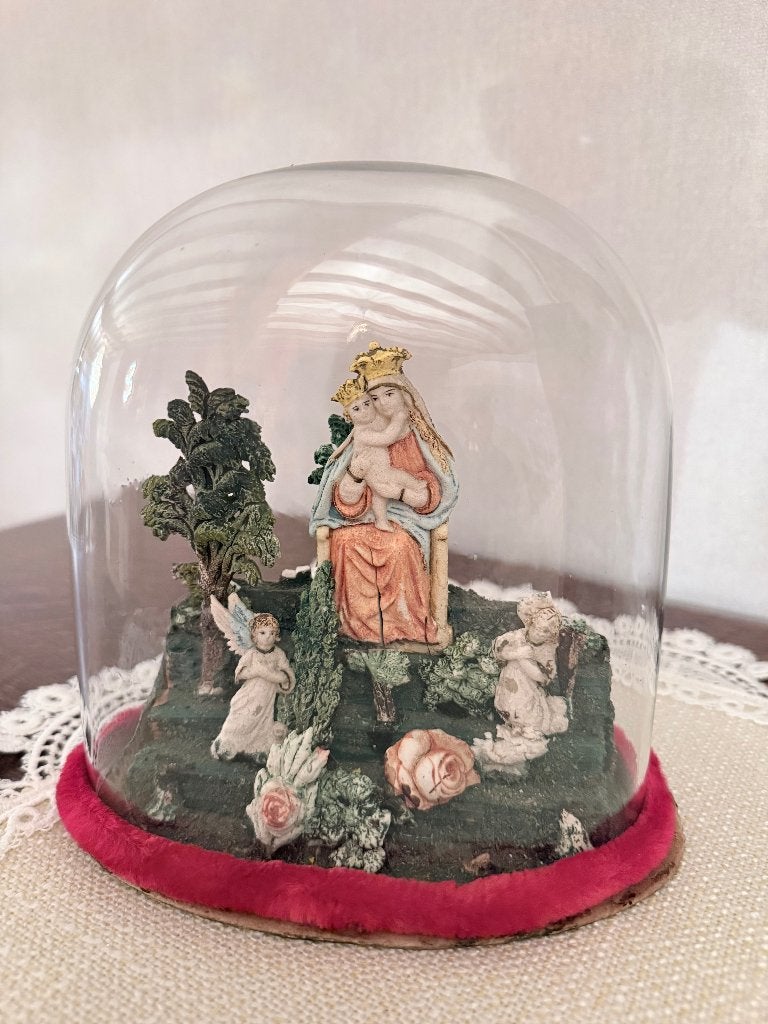 Antiek religieus devotiebeeld Maria met Kind glazen stolp, Antiek en Kunst, Ophalen of Verzenden