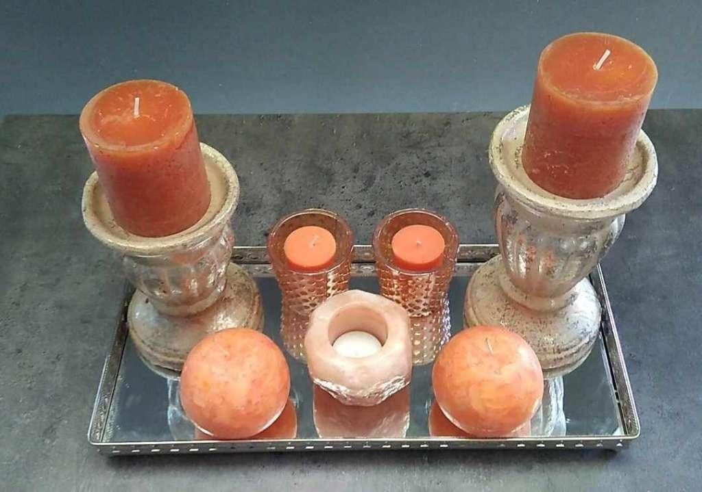 decoratie oranje met kaarsen op spiegel, Huis en Inrichting, Ophalen of Verzenden