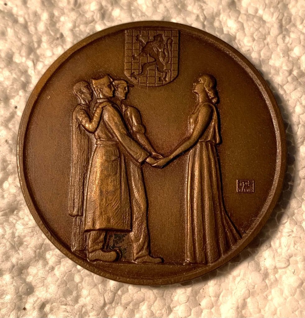 Medaille, penning HUY 1945, Le Quartier St Remy, WOII, Collections, Enlèvement ou Envoi, Armée de terre, Ruban, Médaille ou Ailes