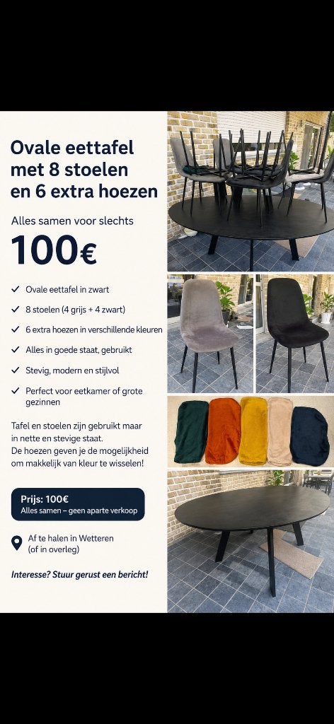 Eettafel met 8 stoelen, Enlèvement, Utilisé, Cinq personnes ou plus, Ovale