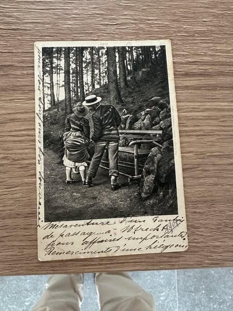 oude postkaart dame heer bank carte postale, Verzamelen, Ophalen of Verzenden, Voor 1920, Gelopen, Oost-Vlaanderen