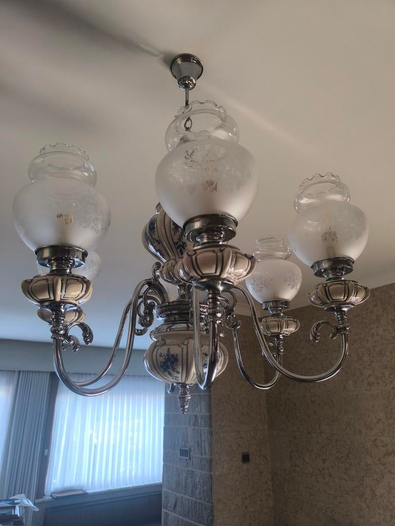 Grote klassieke kroonluchter – Delfts blauw keramiek, Ophalen