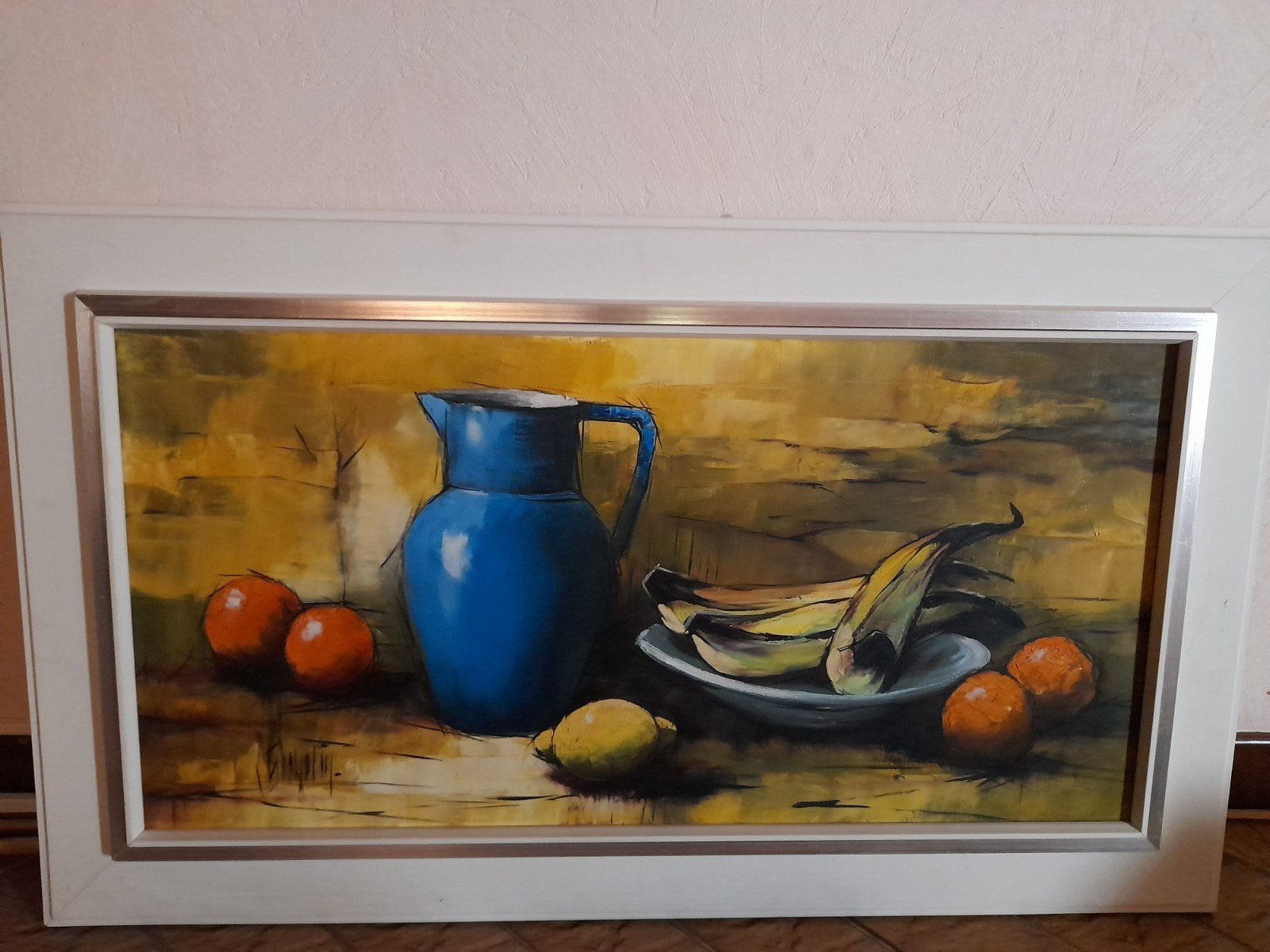 Tableau Vintage Nature Morte-Huile sur Toile 40x80, Antiquités & Art, Peinture à l'huile, Signé, Enlèvement, Toile