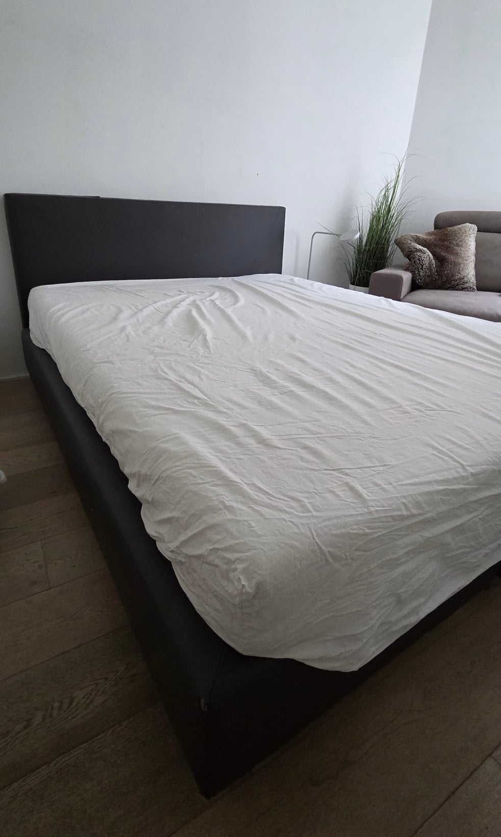 Grijze lederen boxspring incl. hoogwaardige matras 160x220cm, Huis en Inrichting, Ophalen, Gebruikt, Tweepersoons, 160 cm