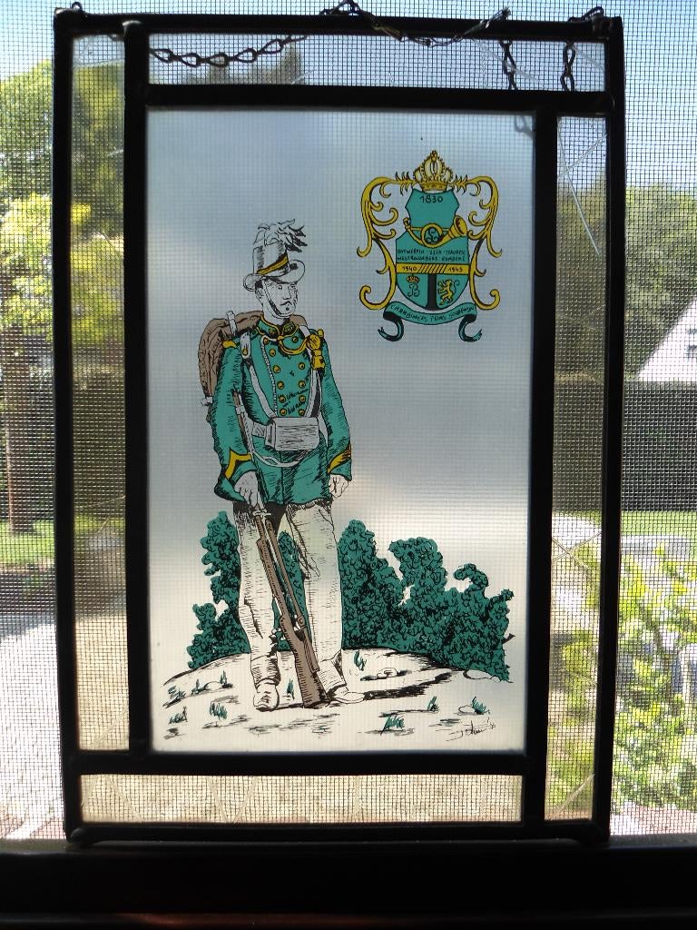 loodglas, glas in loodraam, Carabiniers Prins Boudewijn., Antiek en Kunst, Ophalen of Verzenden