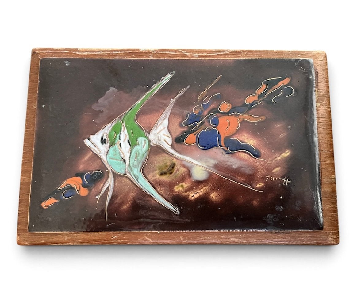 Boîte en bois avec carreau de pêche en céramique., Antiquités & Art, Enlèvement ou Envoi