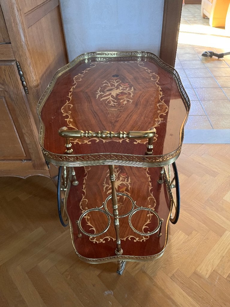 Vintage Italiaans serveerkarretje — intarsia & messing, Enlèvement