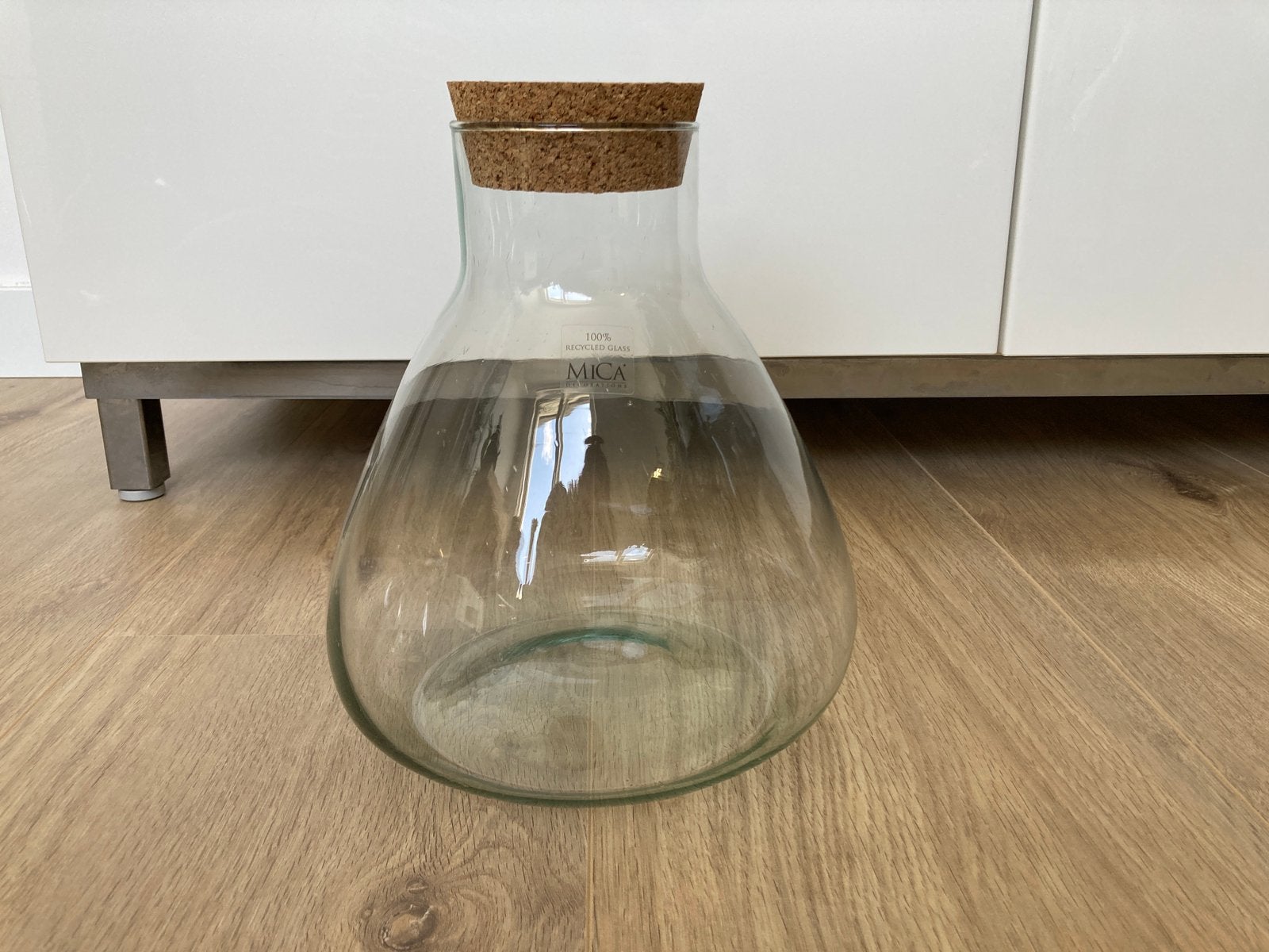 Glazen pot met kurk - Mica - erlenmeyer - terrarium, Ophalen, 22 cm, Zo goed als nieuw, Glas