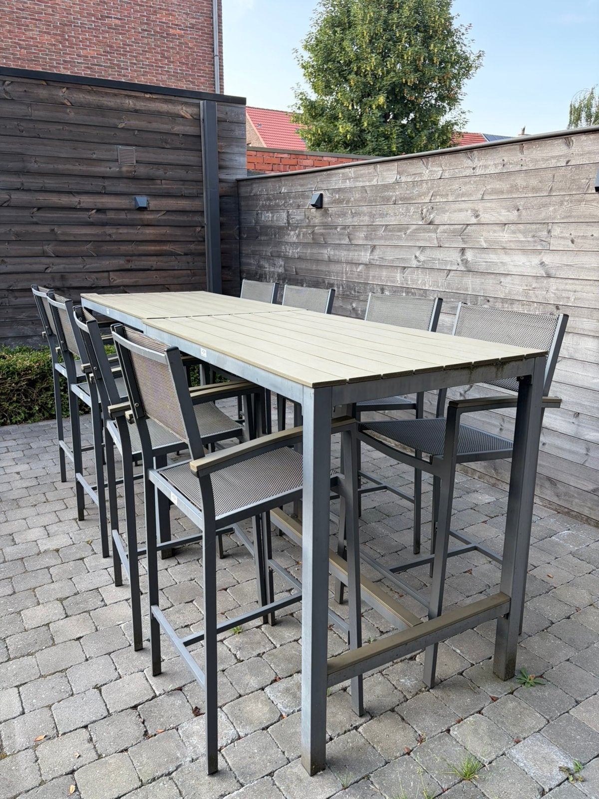 Tuinset hoge tafels met 8 stoelen, Tuin en Terras, Ophalen, Gebruikt, Eettafel, Aluminium