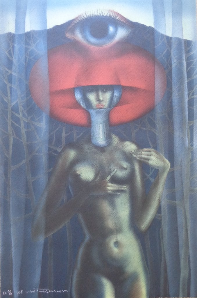 JEF VAN TUERENHOUT / NAAKT MET OOG / KLEURZEEFDRUK / 76x50cm, Antiek en Kunst, Ophalen of Verzenden, Gelimiteerde oplage, Portret en Figuren