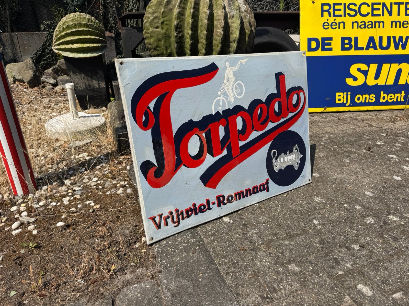 Grand panneau d'affichage en émail Torpedo, Collections, Enlèvement, Utilisé, Panneau publicitaire