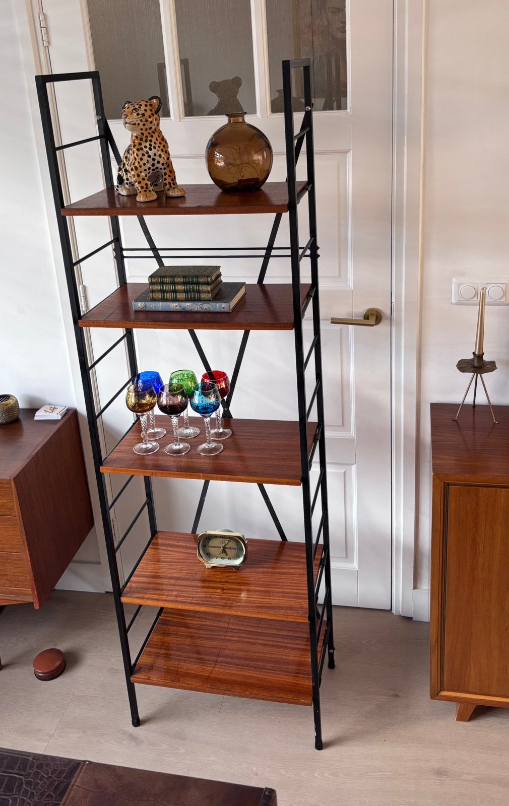Vrijstaand vintage wandsysteem jaren 60 – teak & metaal, Ophalen, Met plank(en), Teakhout, Zo goed als nieuw