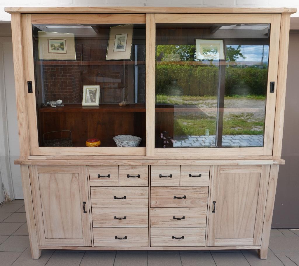 Magnifique buffet vitrine double corps en hévéa massif, Enlèvement ou Envoi