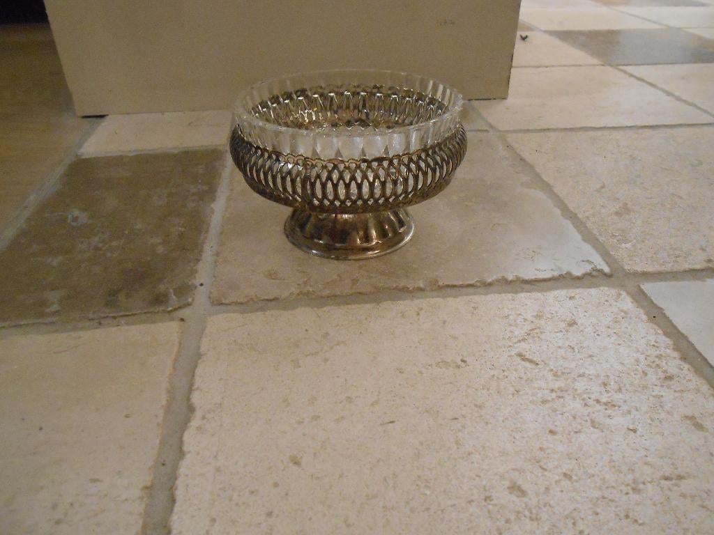 vintage glazen schaaltje met metalen houder, Ophalen of Verzenden