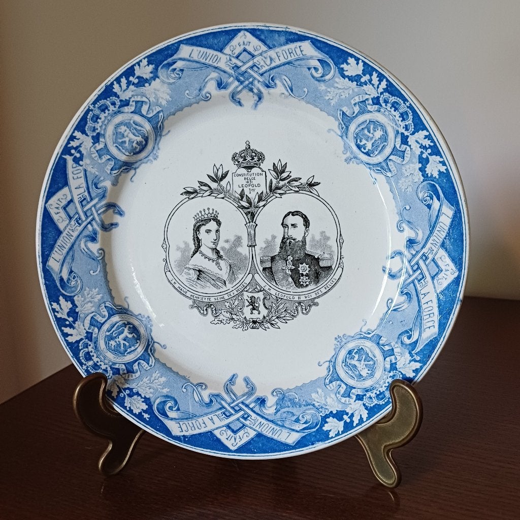Antiek blauw-witte sierbord Koning Leopold II, Verzamelen, Ophalen of Verzenden, Zo goed als nieuw, Overige typen