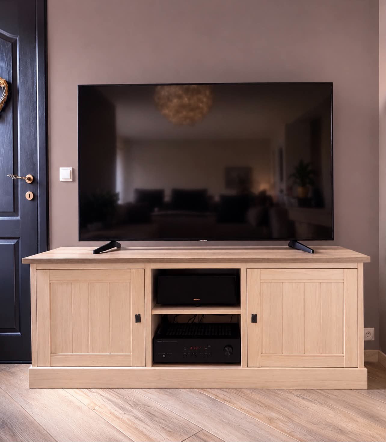 Meuble TV contemporain chêne beige York., Maison & Meubles, Enlèvement, Comme neuf, Chêne